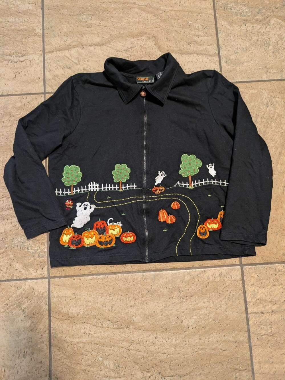 Onque Womens Halloween Jacket Shacket Cardigan Jacket Large Black Pumpkin Ghost